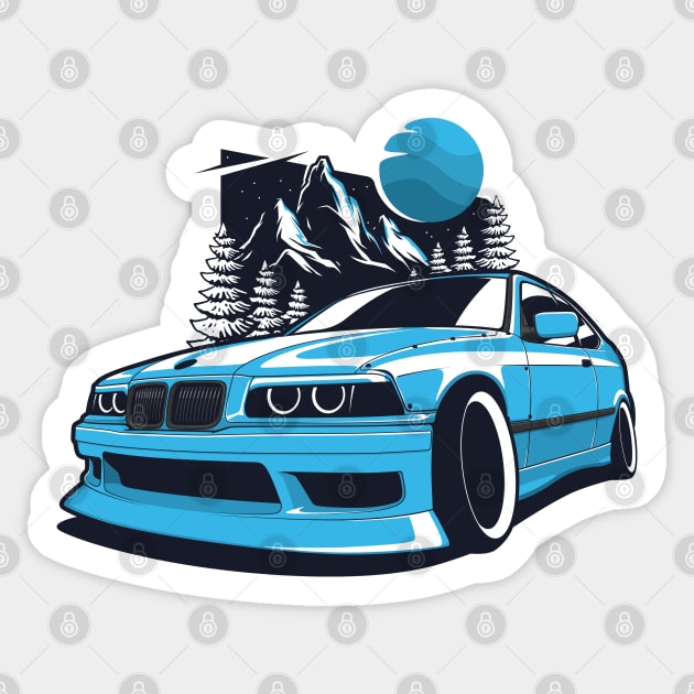 Blue E36 Compact Drift Mountains Sticker by KaroCars